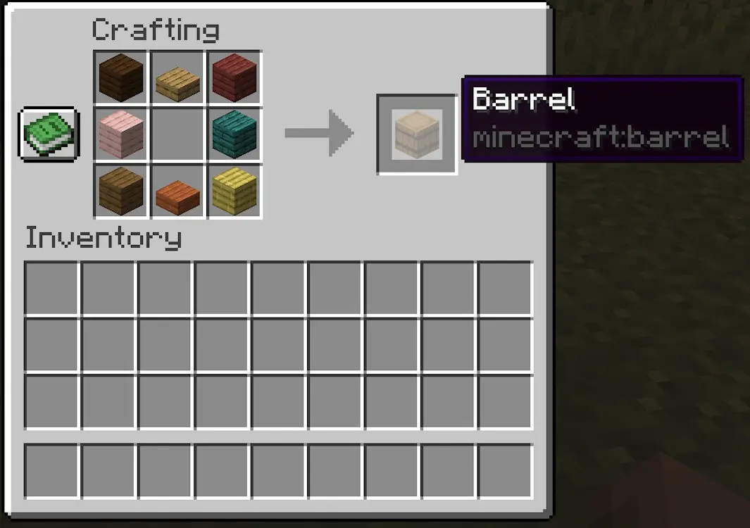 Minecraft crafting screen showing a barrel recipe made by placing planks and wooden slabs around an empty center slot.