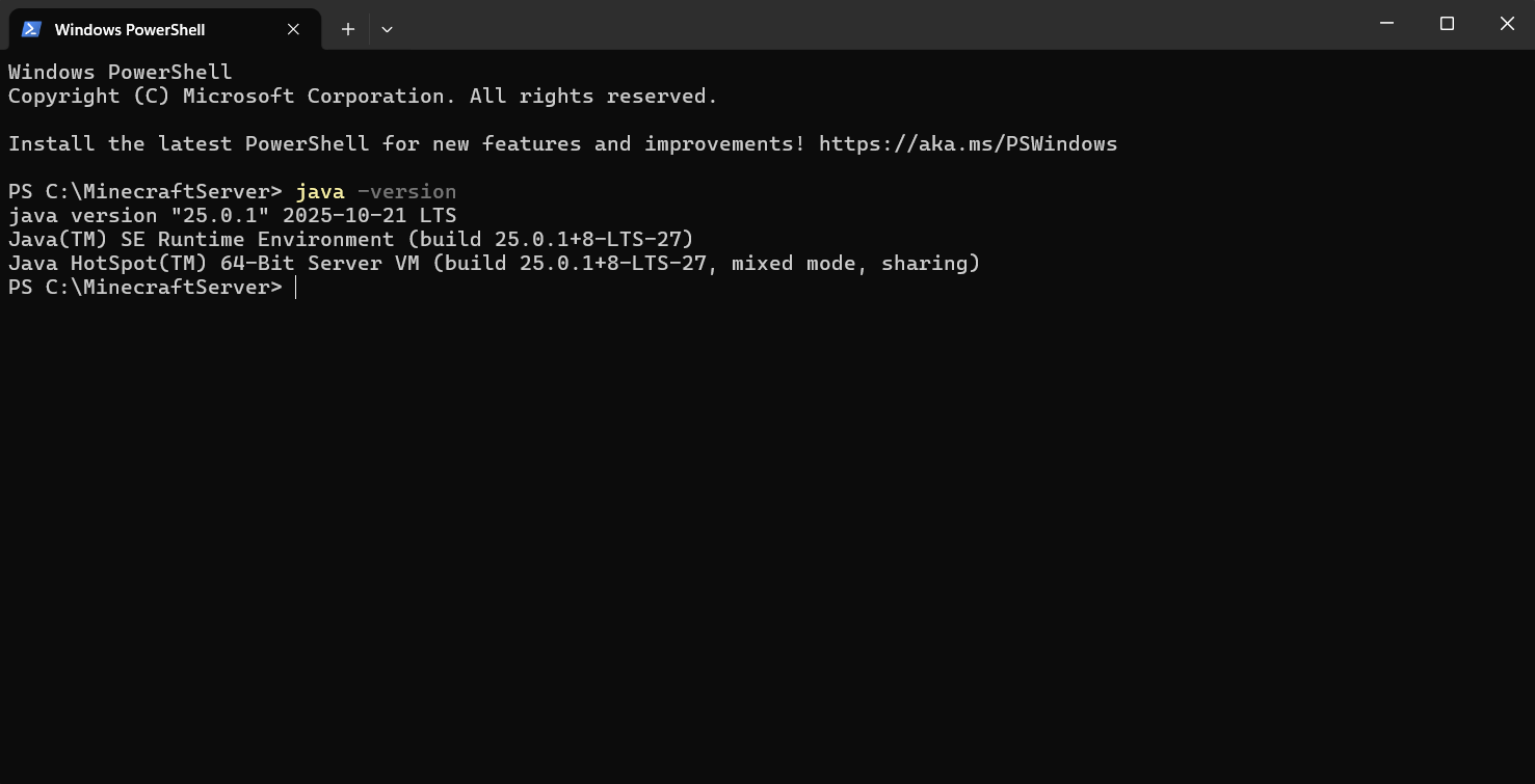 PowerShell showing Java 25 installed for a Minecraft Java server.