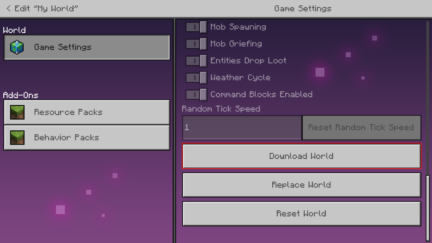 Minecraft Bedrock Realm world settings screen with the Download World button highlighted in the Game Settings tab.