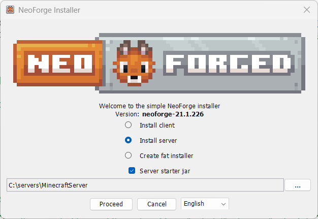 The NeoForge simple installer window showing version 21.1.226 with the "Install server" option selected.