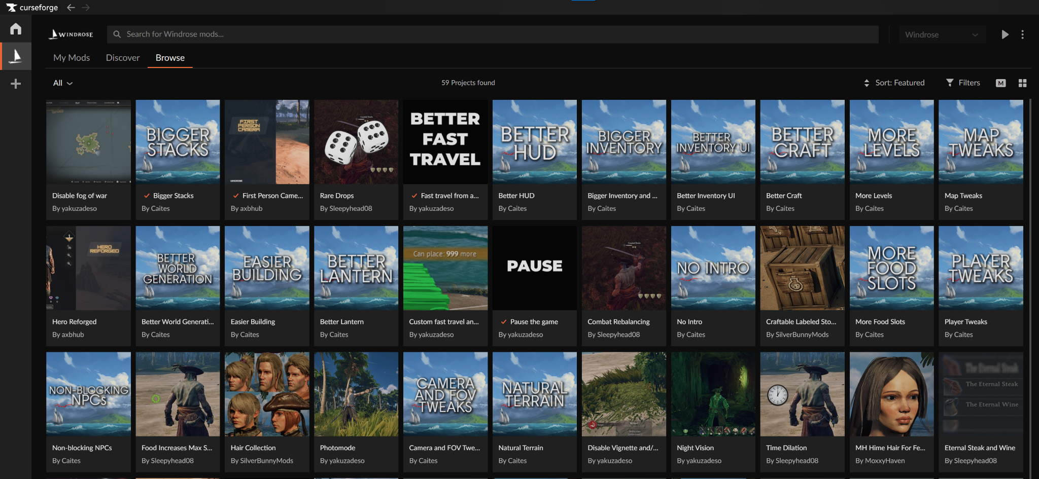 CurseForge browse tab displaying a variety of available Windrose mods for download.