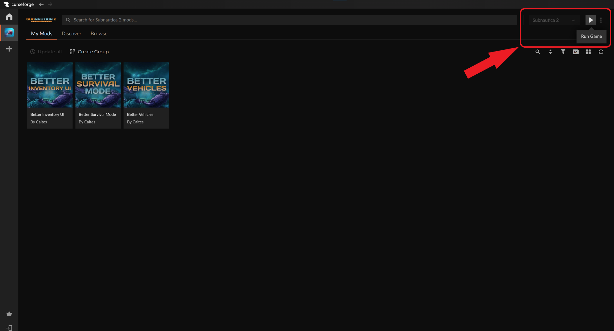 The Subnautica 2 "My Mods" dashboard in CurseForge with a red arrow pointing to the "Run Game" play button in the top right corner.