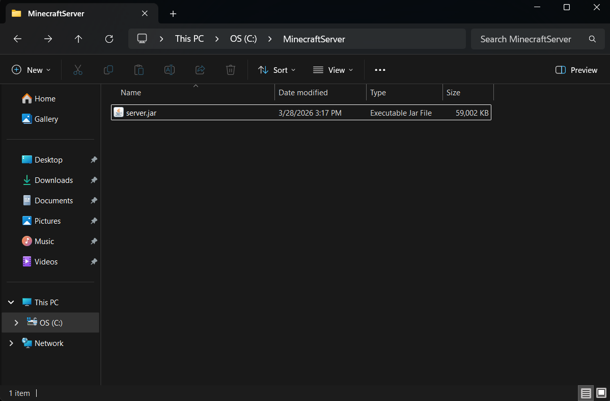 Minecraft "server.jar" file inside the "MinecraftServer" folder on Windows.