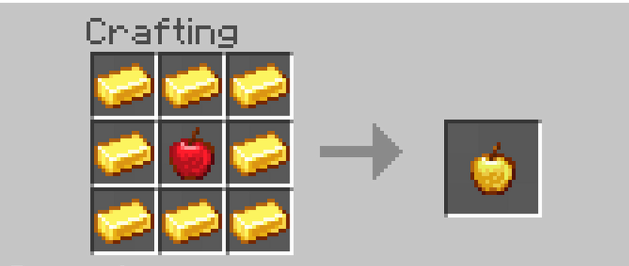 Minecraft golden apple crafting recipe showing 8 gold ingots around 1 apple to make a golden apple.