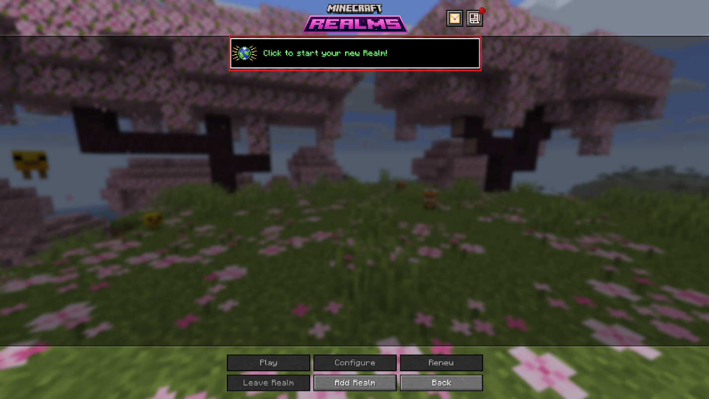 Minecraft Realms screen with "Click to Start Your New Realm" highlighted.