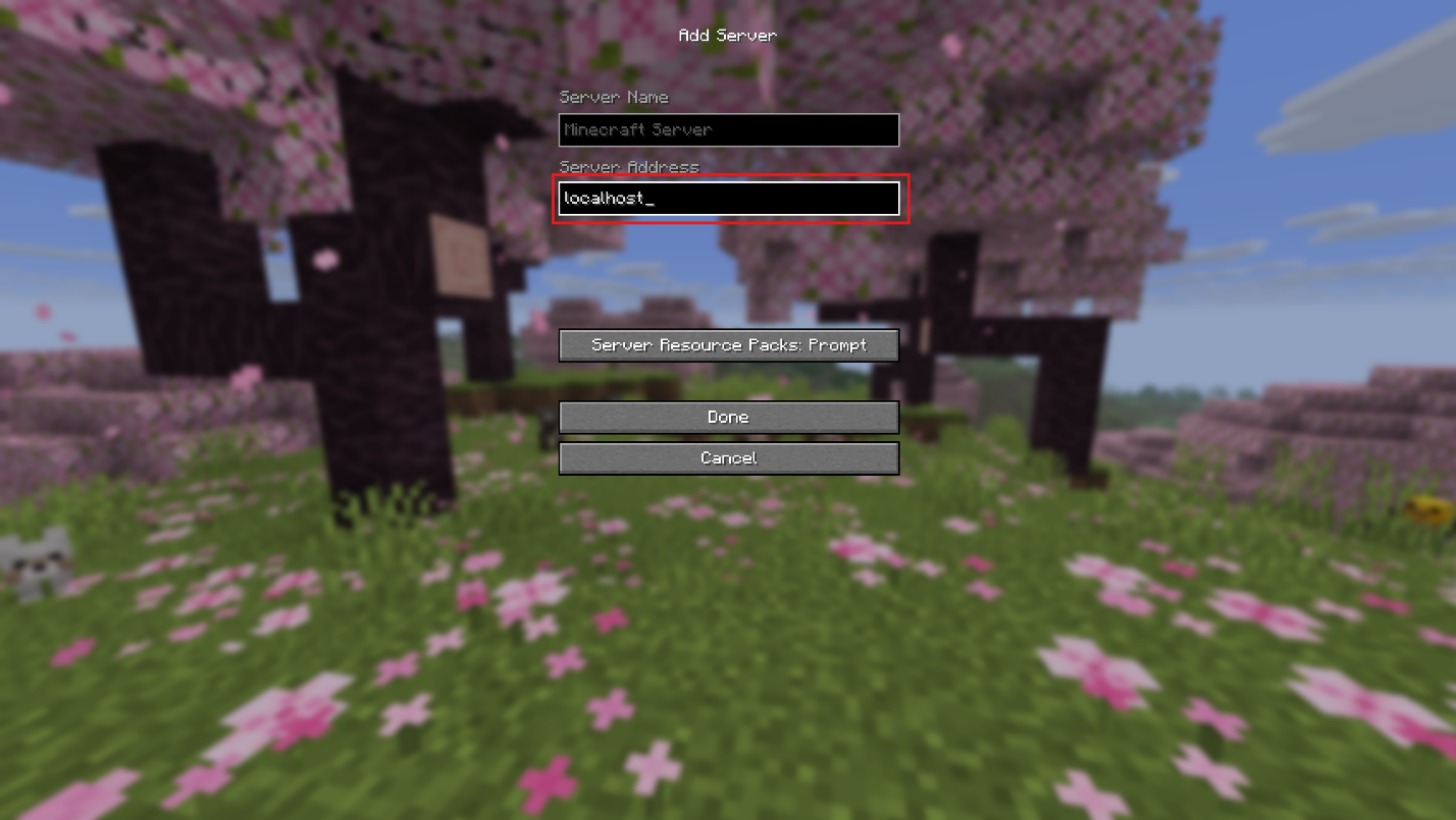 Minecraft "Add Server" screen with "localhost" entered as the server address.