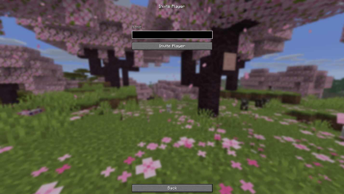 Minecraft Realms "Invite Player" screen with name field and invite button.