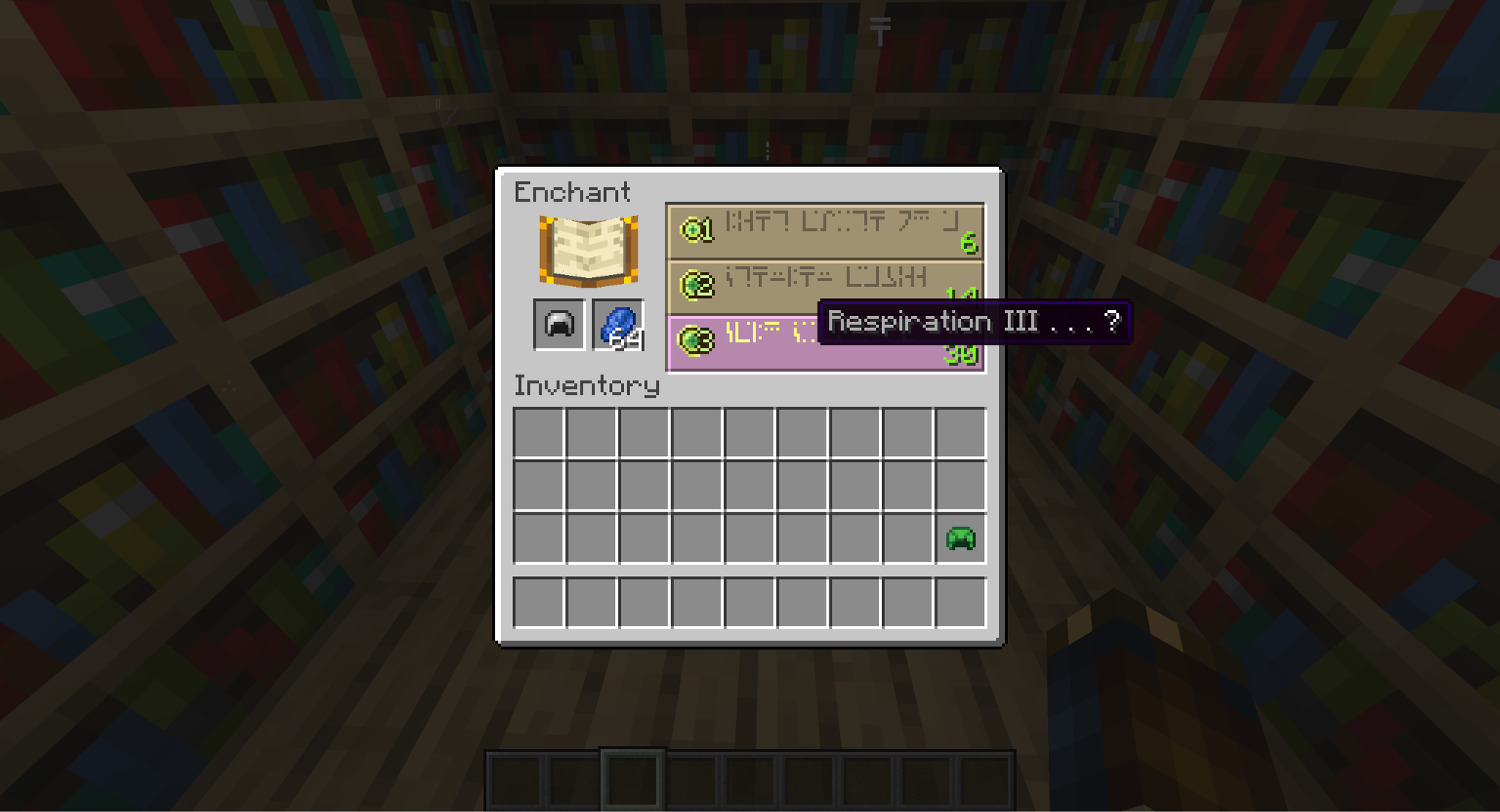 A Minecraft screenshot of enchanting an Iron Helmet with Respiration III.