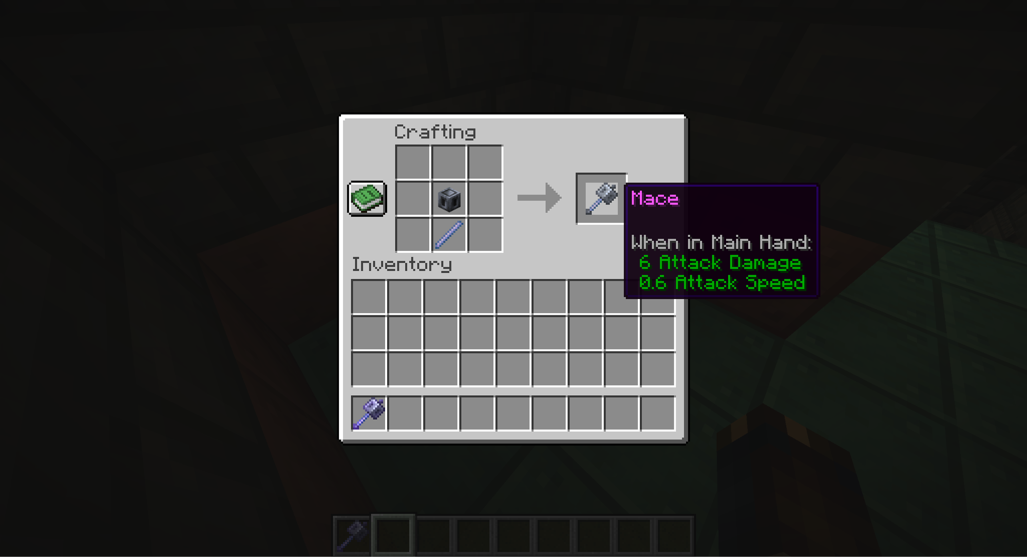A Minecraft screenshot of crafting a mace with a Heavy Core and a Breeze Rod.