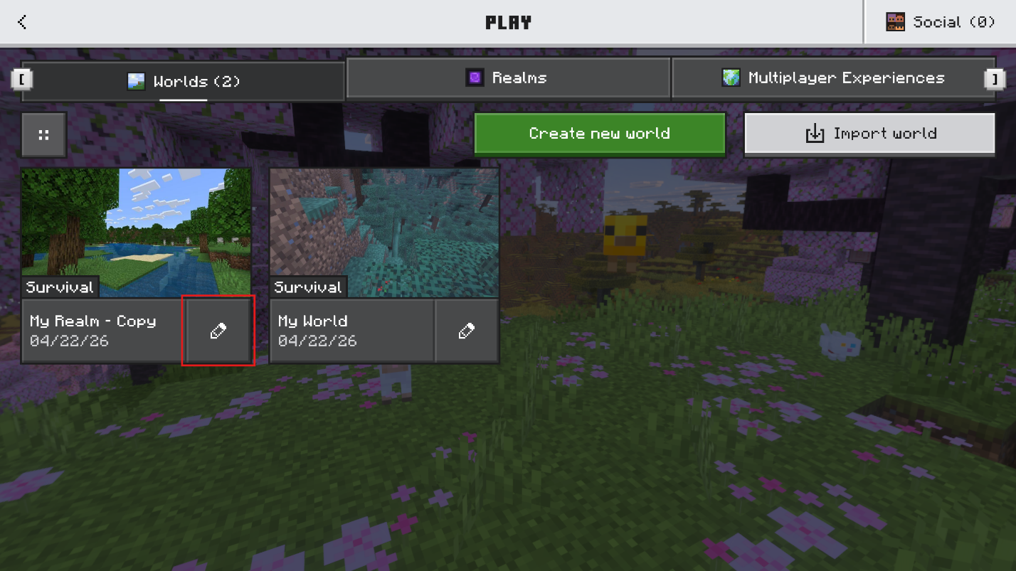 Minecraft Bedrock Worlds list showing a downloaded Realm copy named ‘My Realm - Copy’ with the pencil edit icon highlighted.