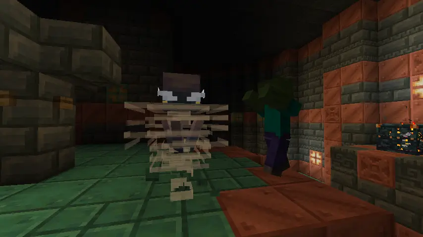 Breeze mob in a Trial Chamber hallway with a zombie and a trial spawner in the background.