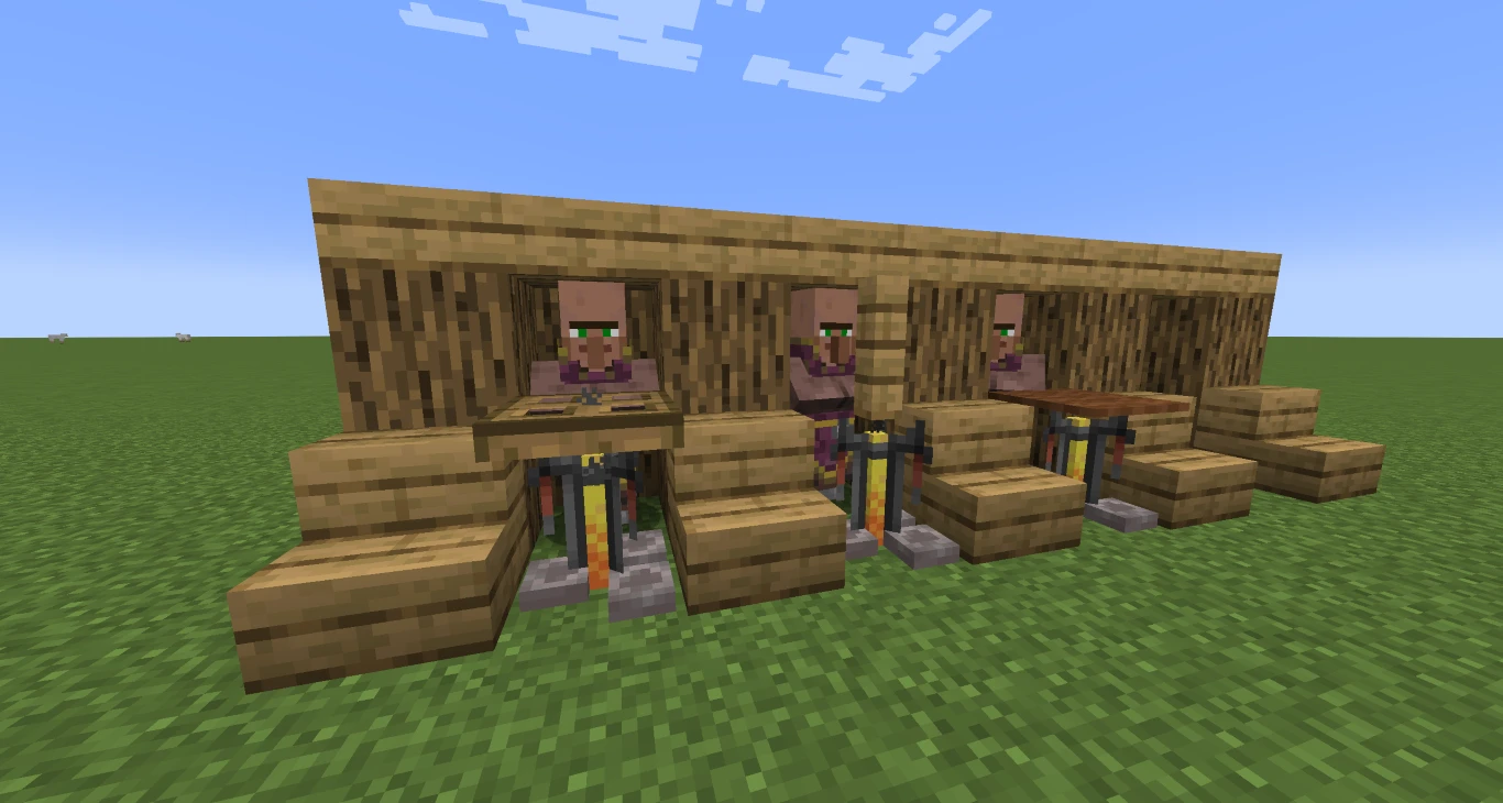 Simple Minecraft villager trading hall with cleric villagers in small oak booths and brewing stands in front.