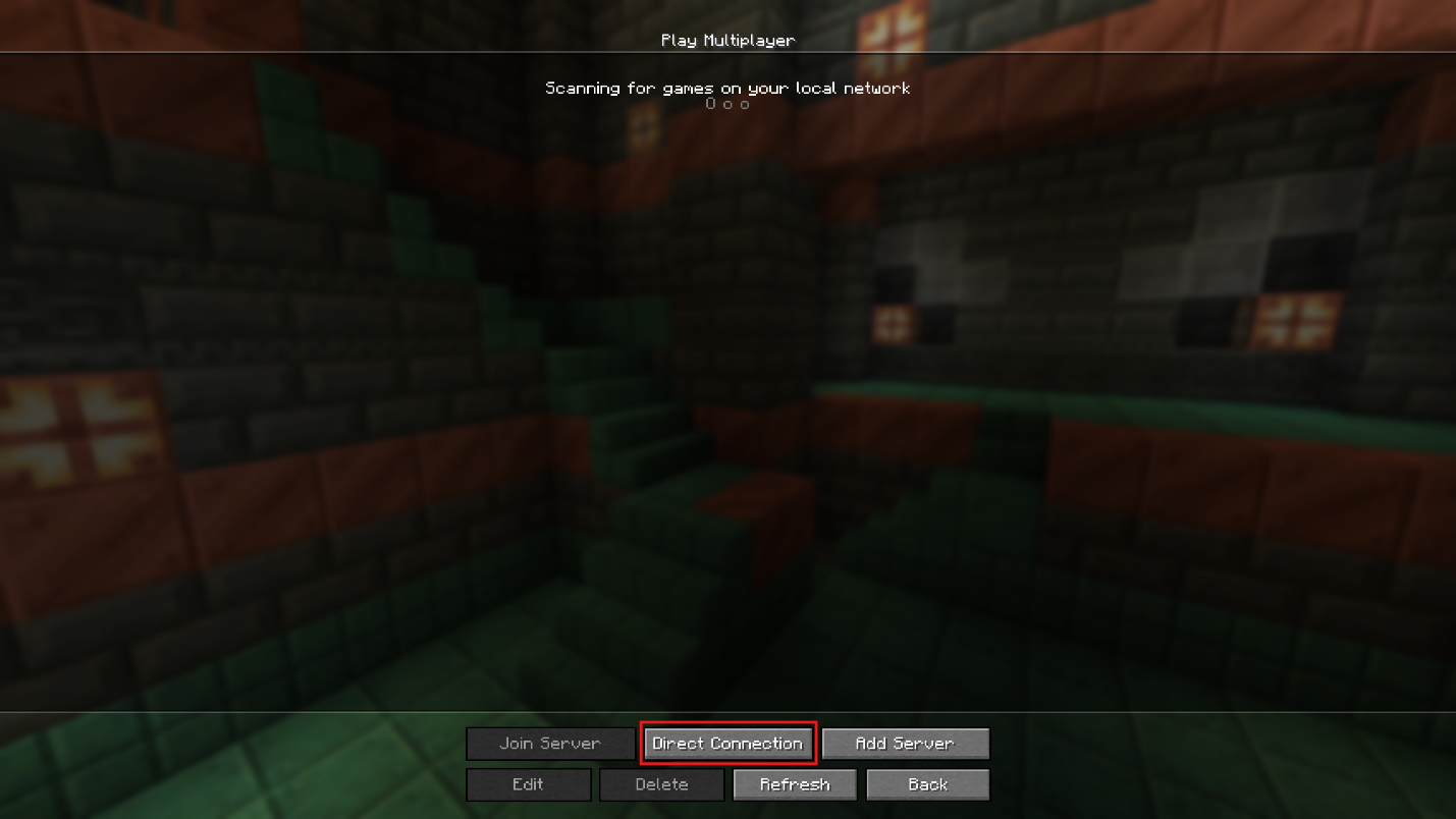 Minecraft Java Multiplayer menu with "Direct Connection" button highlighted.