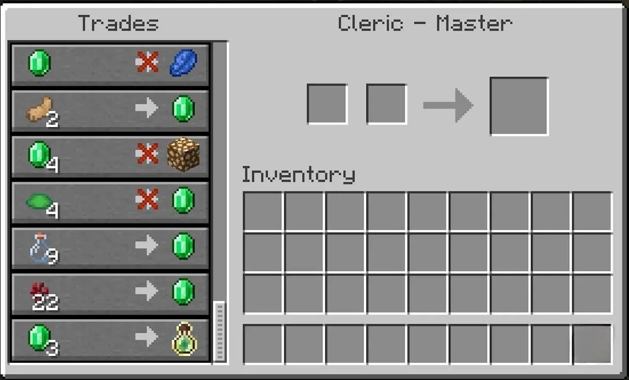 Minecraft villager trade screen showing a Master Cleric offering a Bottle o' Enchanting trade.