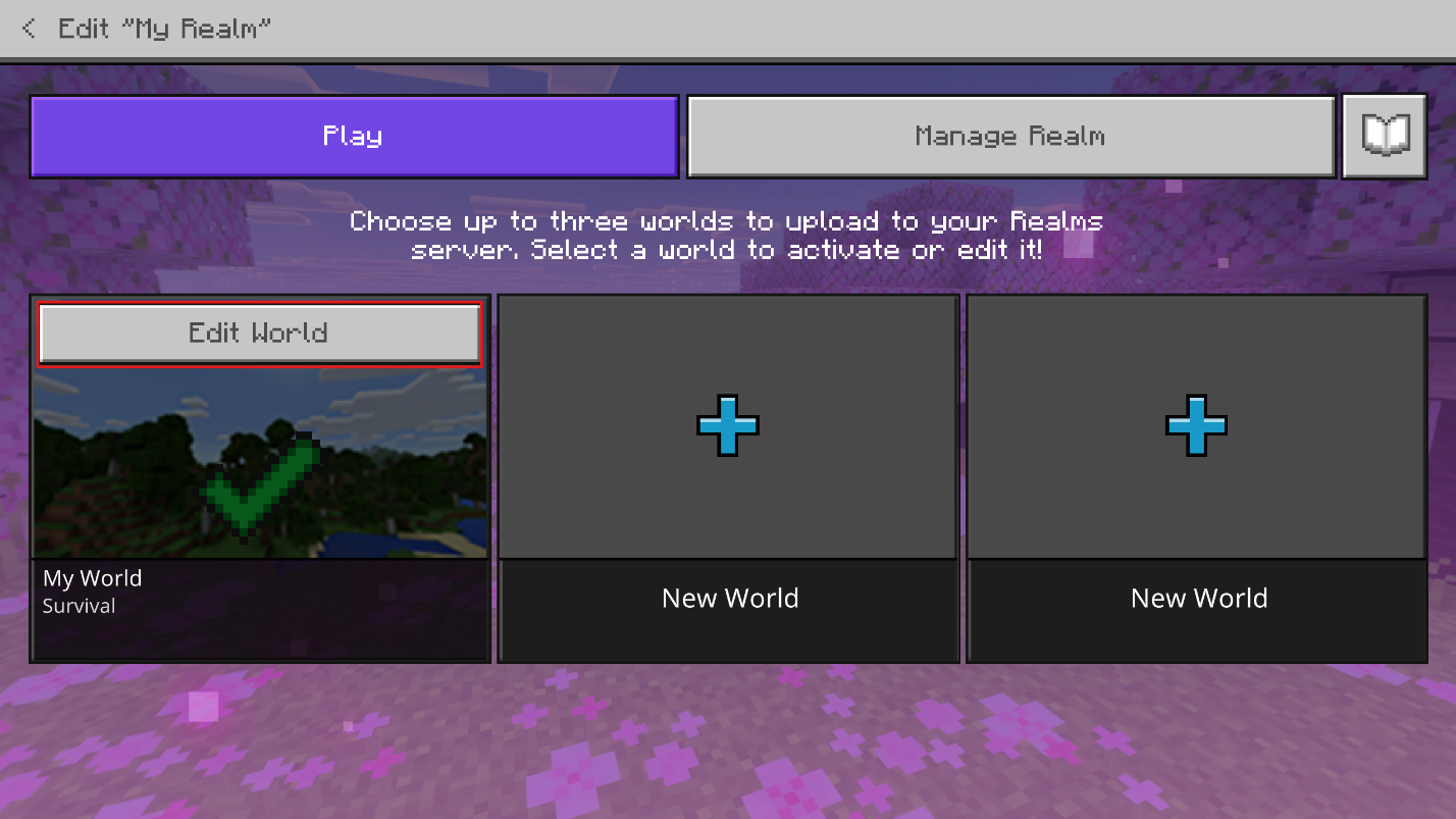 Minecraft Bedrock Realm slots screen showing the active world slot with the Edit World button highlighted.