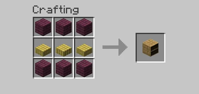 Minecraft crafting recipe for a Chiseled Bookshelf with planks on the top and bottom rows and slabs in the middle row.