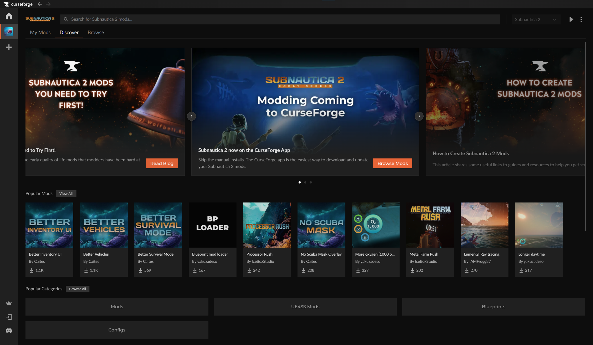 The Subnautica 2 "Discover" tab in CurseForge, showing featured mods like Better Inventory UI and Better Vehicles.