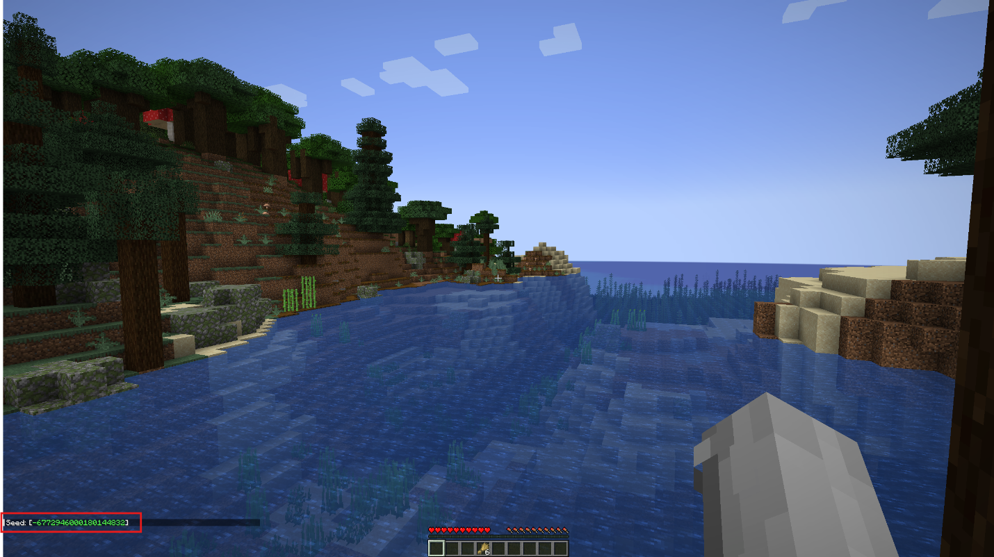 Minecraft Java gameplay screenshot with the world seed displayed in chat after using the /seed command.