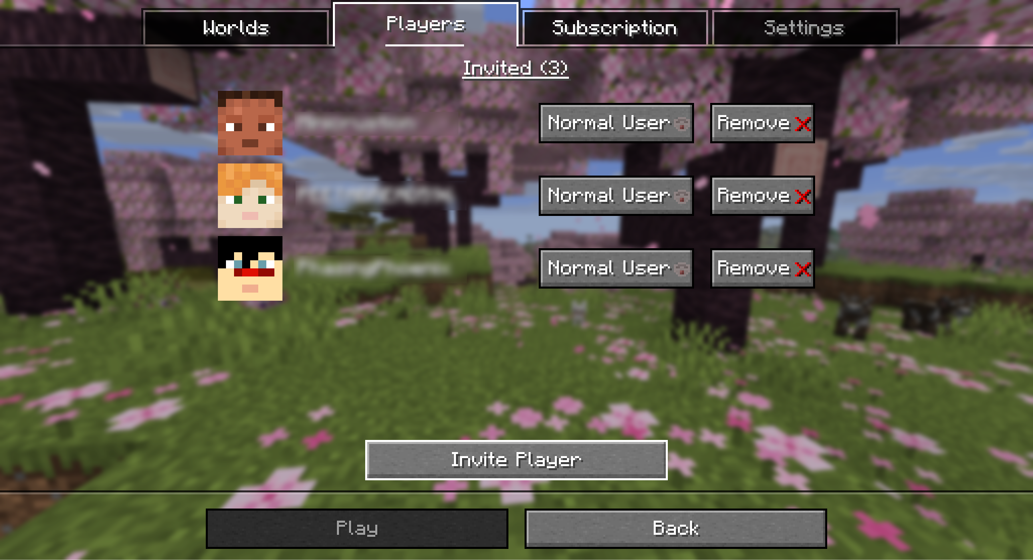 A Minecraft screenshot of the Players tab of a Realms settings menu.