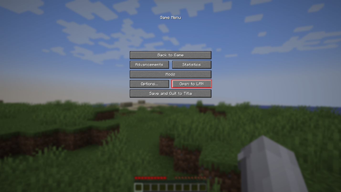 Minecraft Java pause menu with "Open to LAN" highlighted.