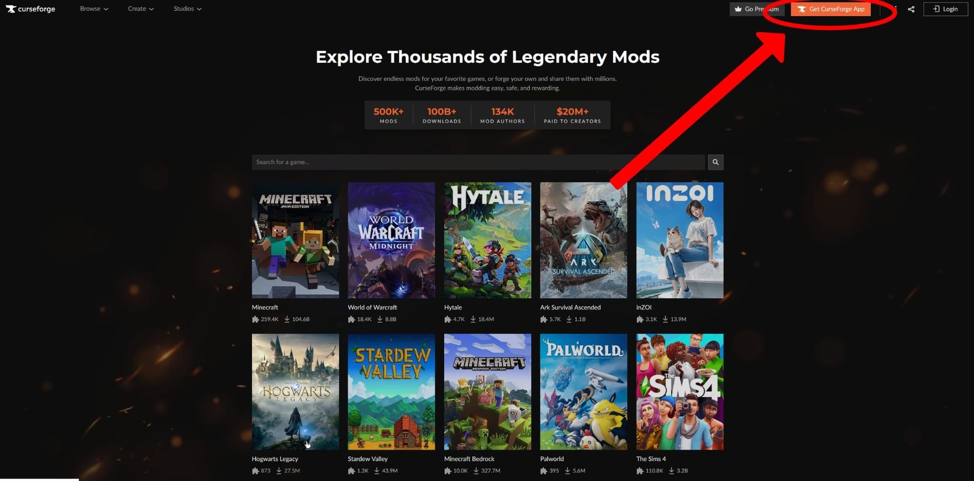 The Curseforge homepage, the App download option is circled with an arrow pointing at it.