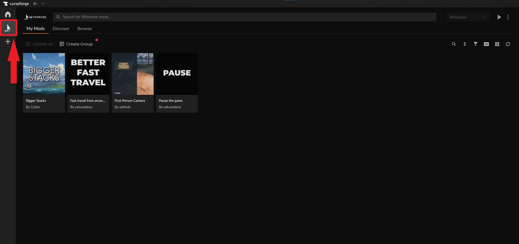 CurseForge app interface showing the Windrose game icon and installed mods list.