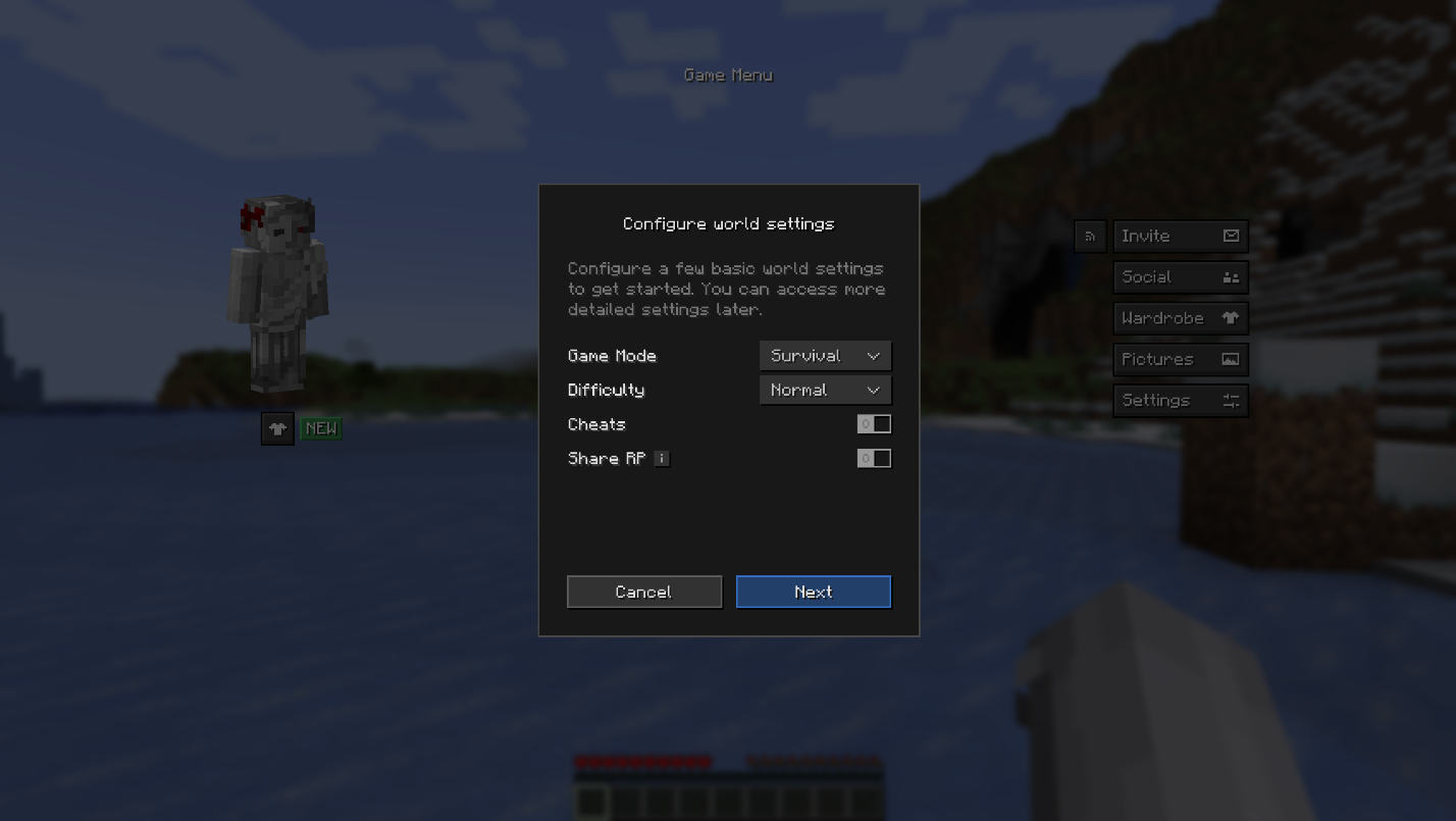 Essential Mod configure world settings screen for hosting a Minecraft world.