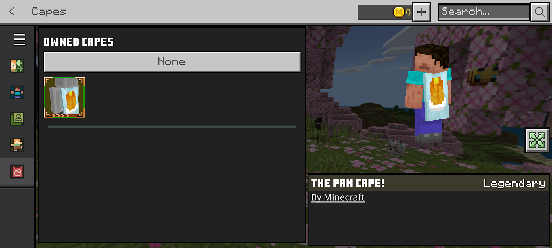 A Minecraft screenshot of the cape menu in Bedrock Edition.