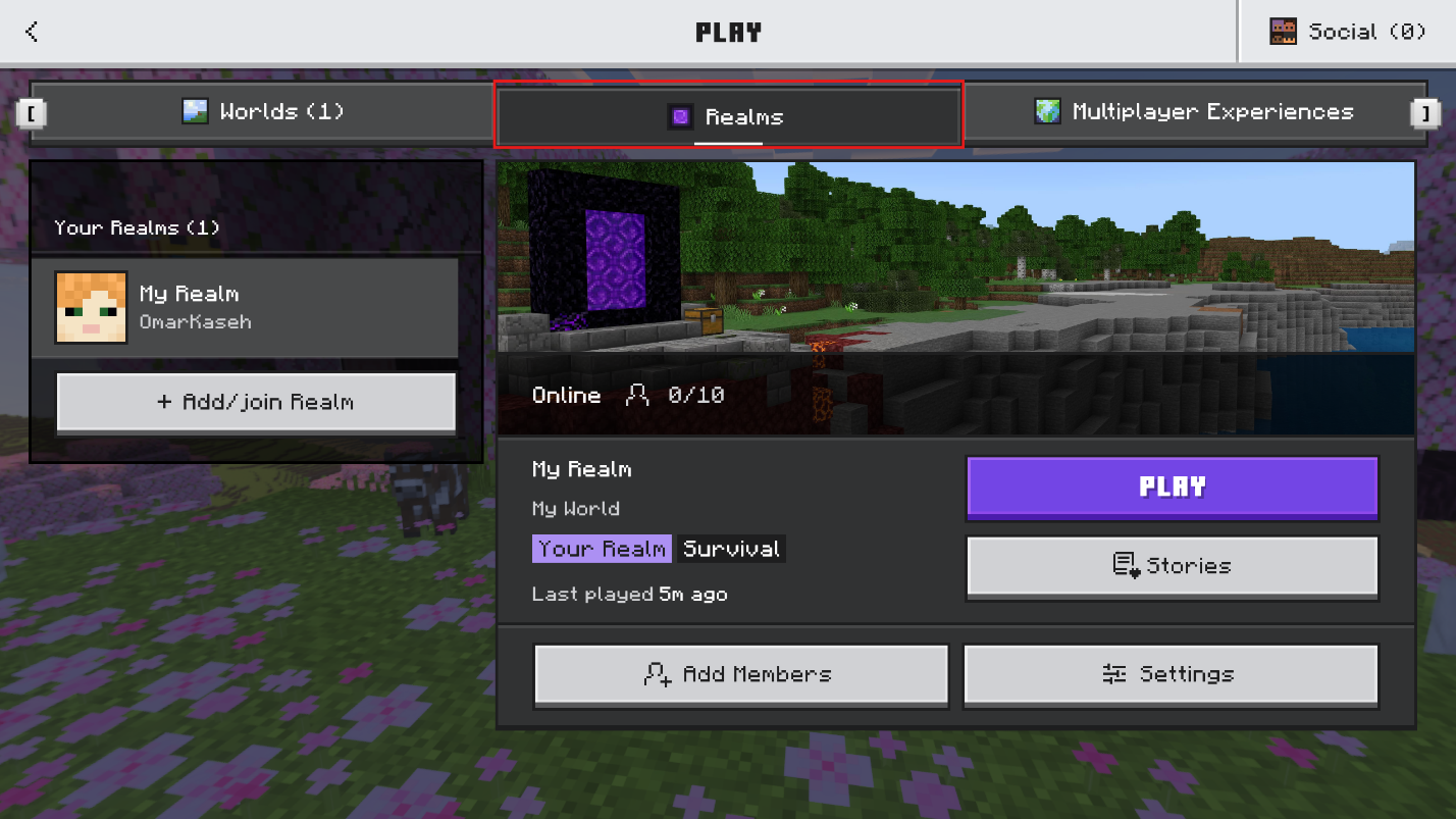 Minecraft Bedrock Play screen with the Realms tab highlighted and the player’s Realm visible in the list.