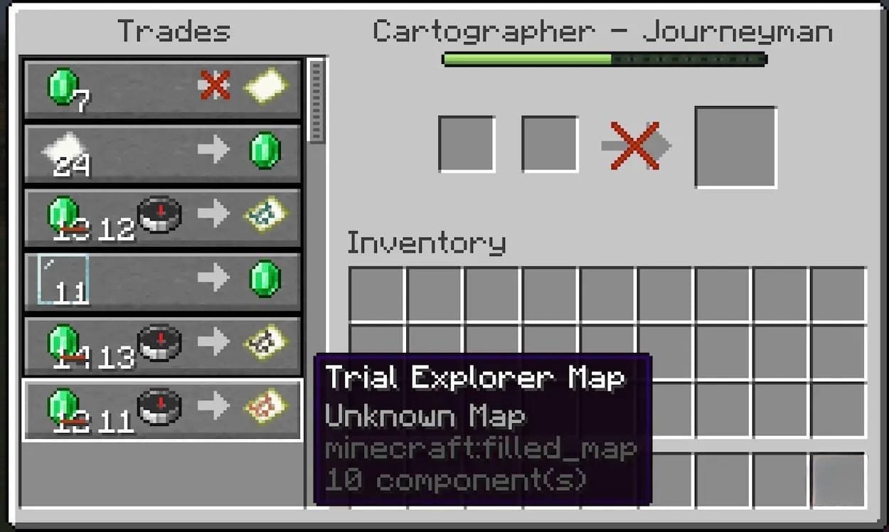 Journeyman cartographer trade screen showing a Trial Explorer Map for 12 emeralds and a compass.