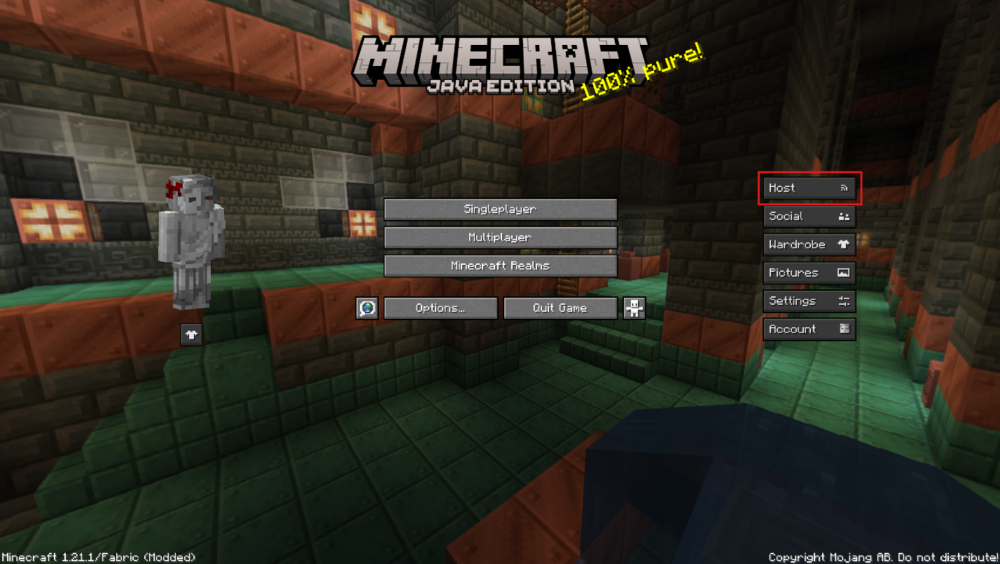 Essential Mod "Host" button highlighted on the Minecraft main menu.