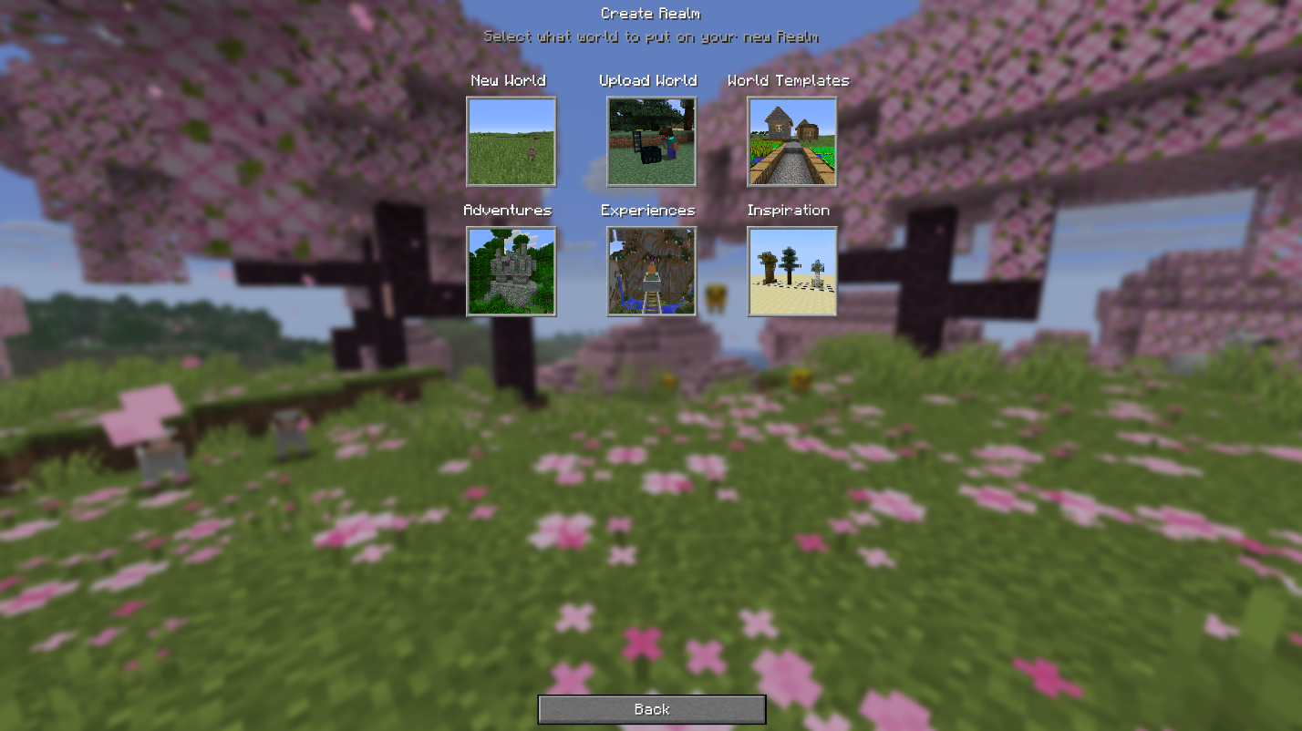Minecraft Create Realm screen with "New World" and "Upload World" options among several others.