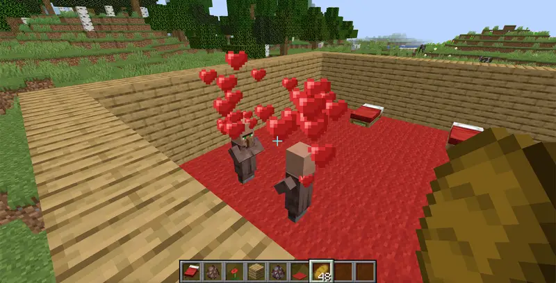 Minecraft villager breeding setup with heart particles in a wooden enclosure.