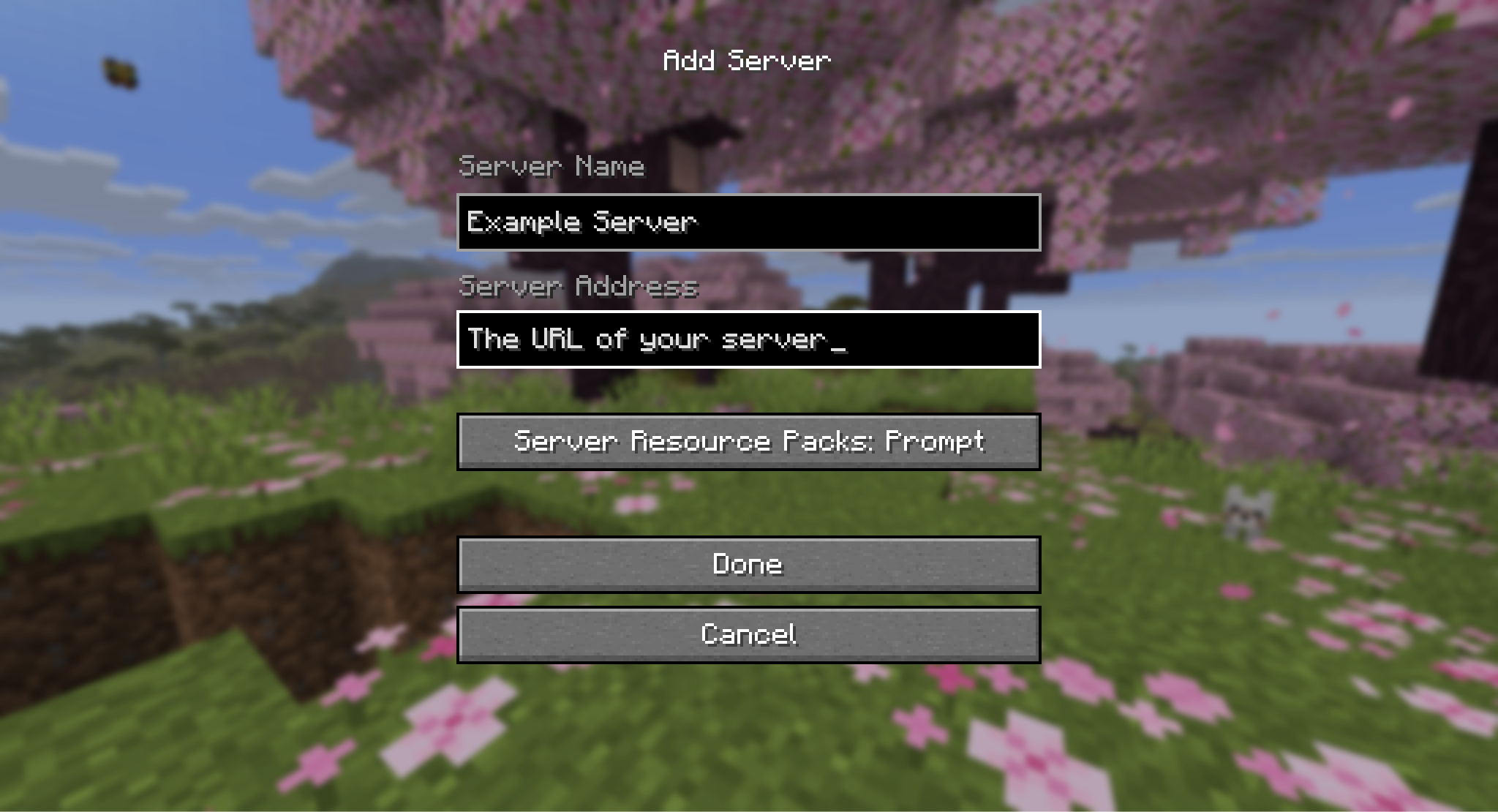 A Minecraft screenshot of the Add Server menu.