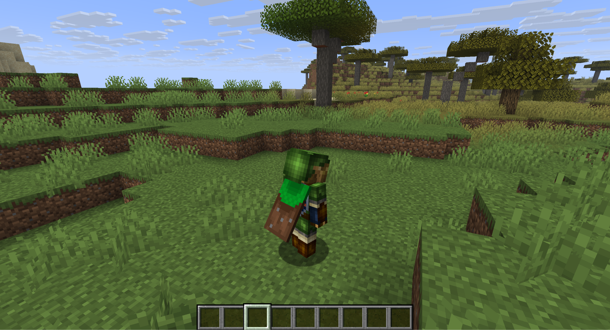 A Minecraft screenshot of a player walking with a cape on.