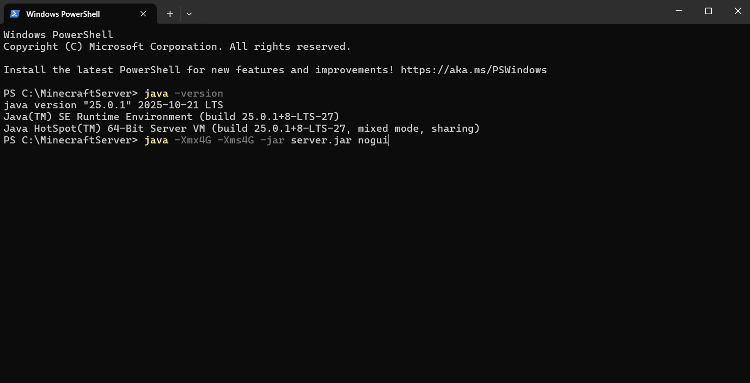 PowerShell running the Minecraft Java server command with "server.jar"