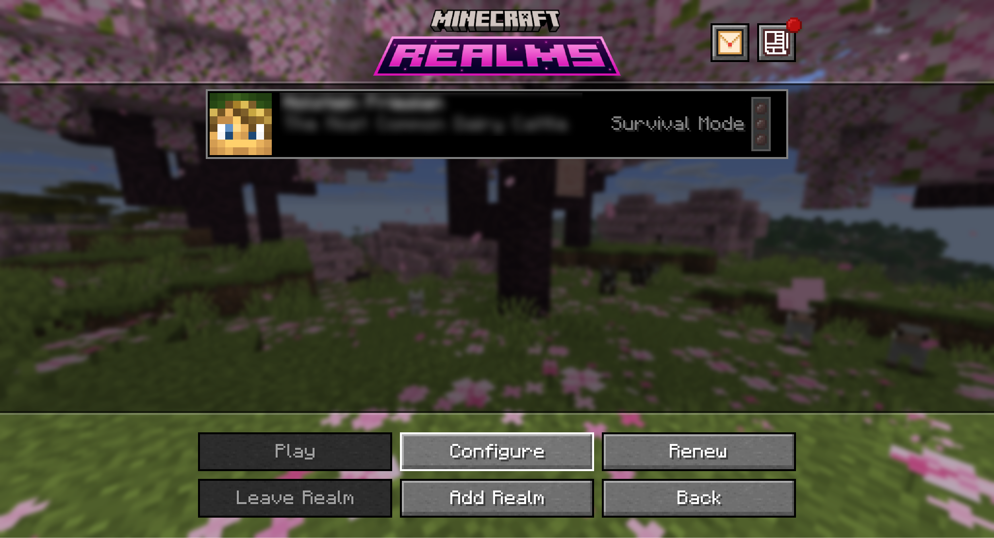 A Minecraft screenshot of the Realms menu.