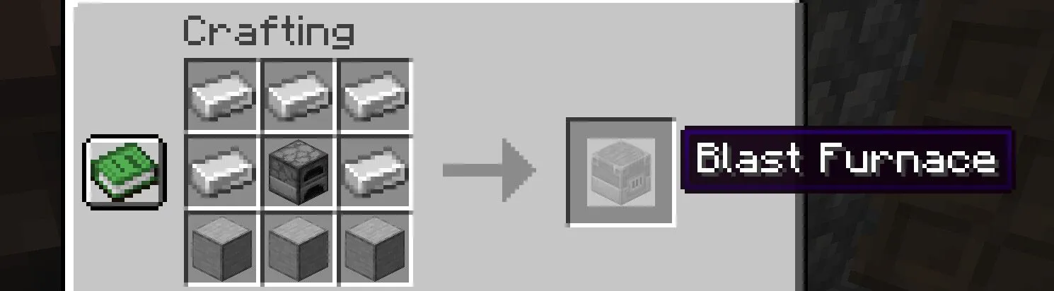Minecraft blast furnace crafting recipe using 5 iron ingots, 1 furnace, and 3 smooth stone blocks.