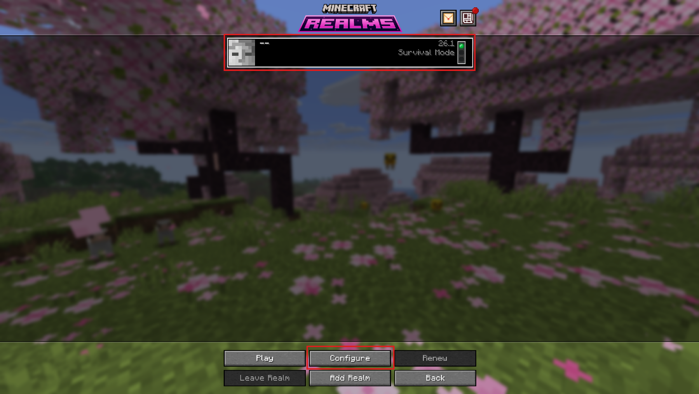 Minecraft Realms interface with "Configure" button highlighted for a selected Realm.