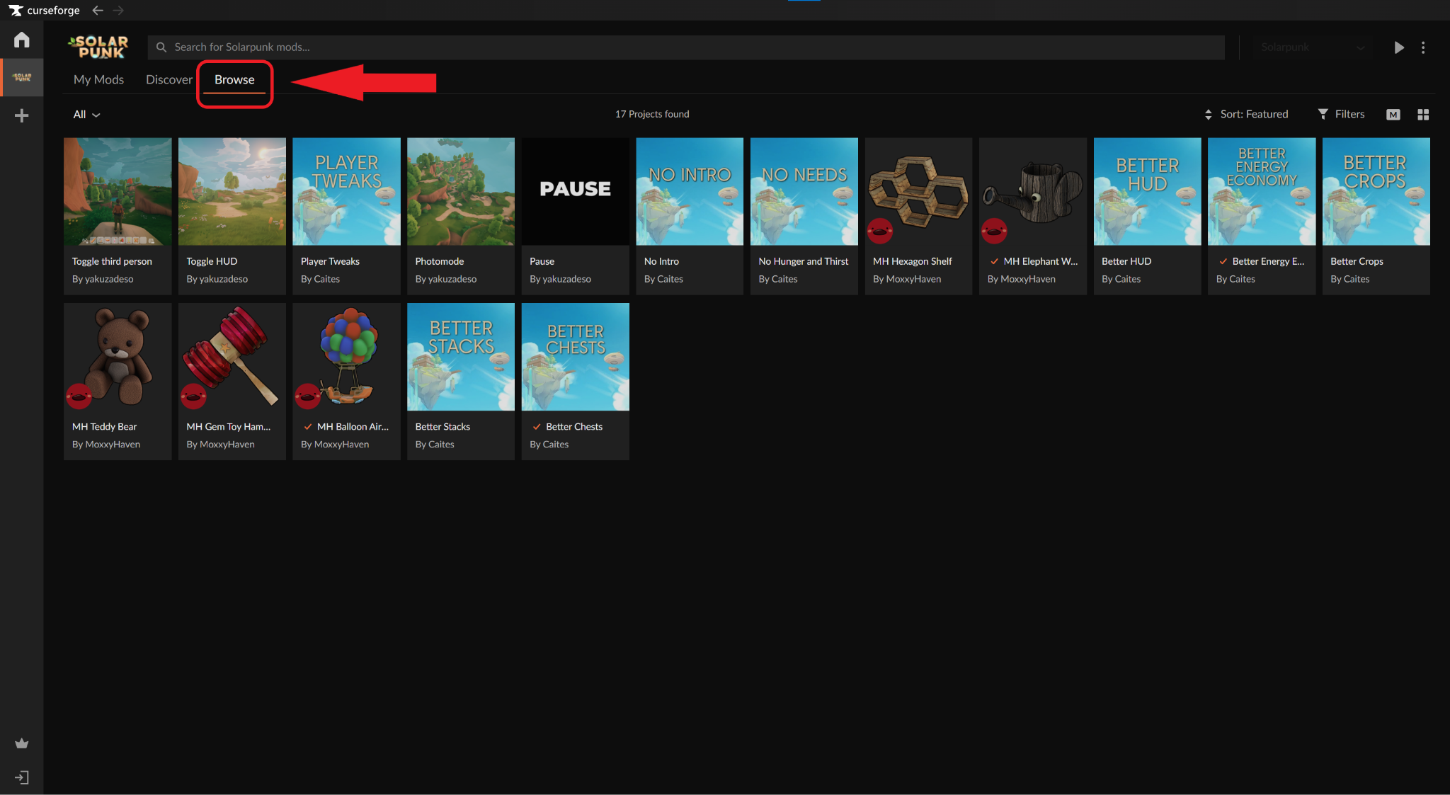 CurseForge browse tab displaying a variety of available Solarpunk mods for download.