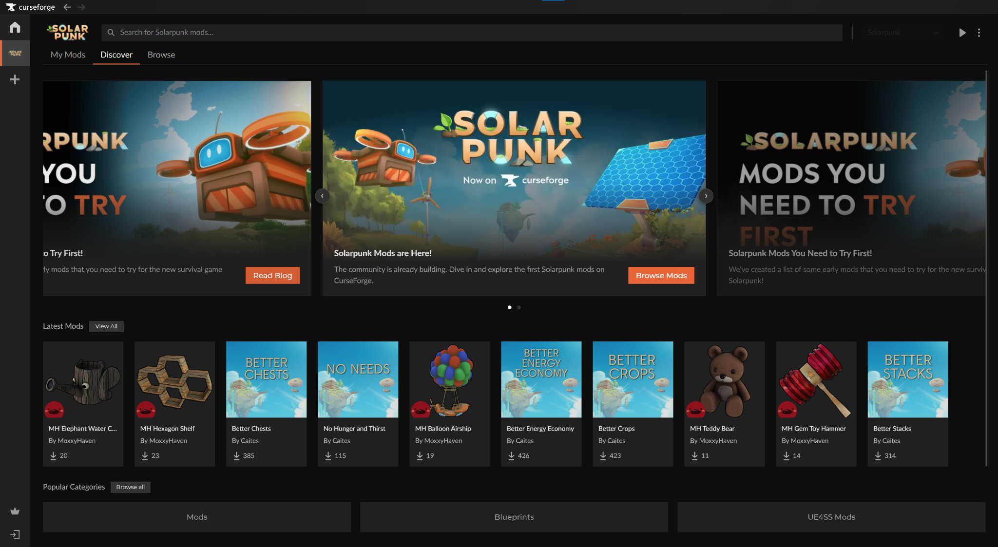 The Solarpunk "Discover" tab in CurseForge, showing featured mods like Better Chests and MH Hexagon Shelf.