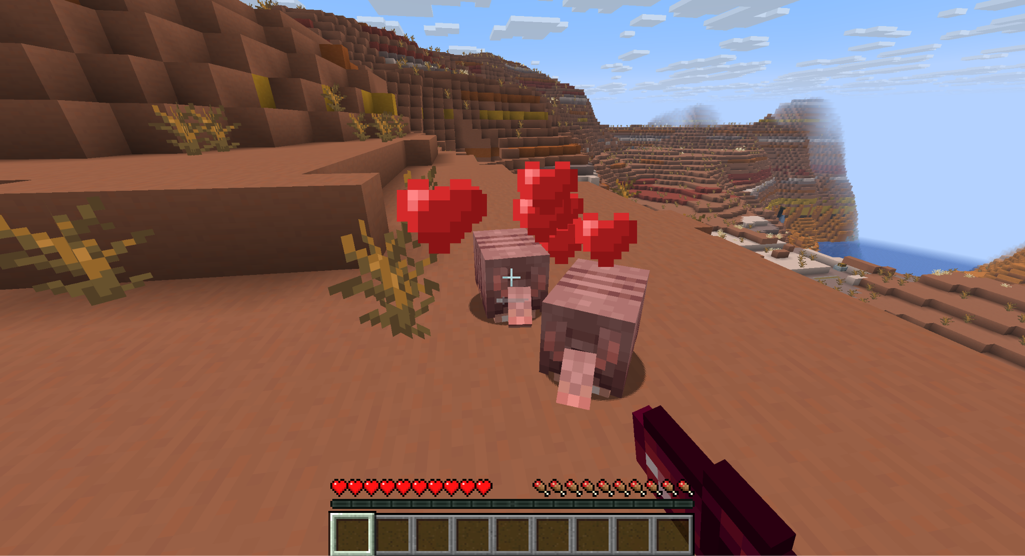 A Minecraft screenshot of two armadillos with hearts over them.