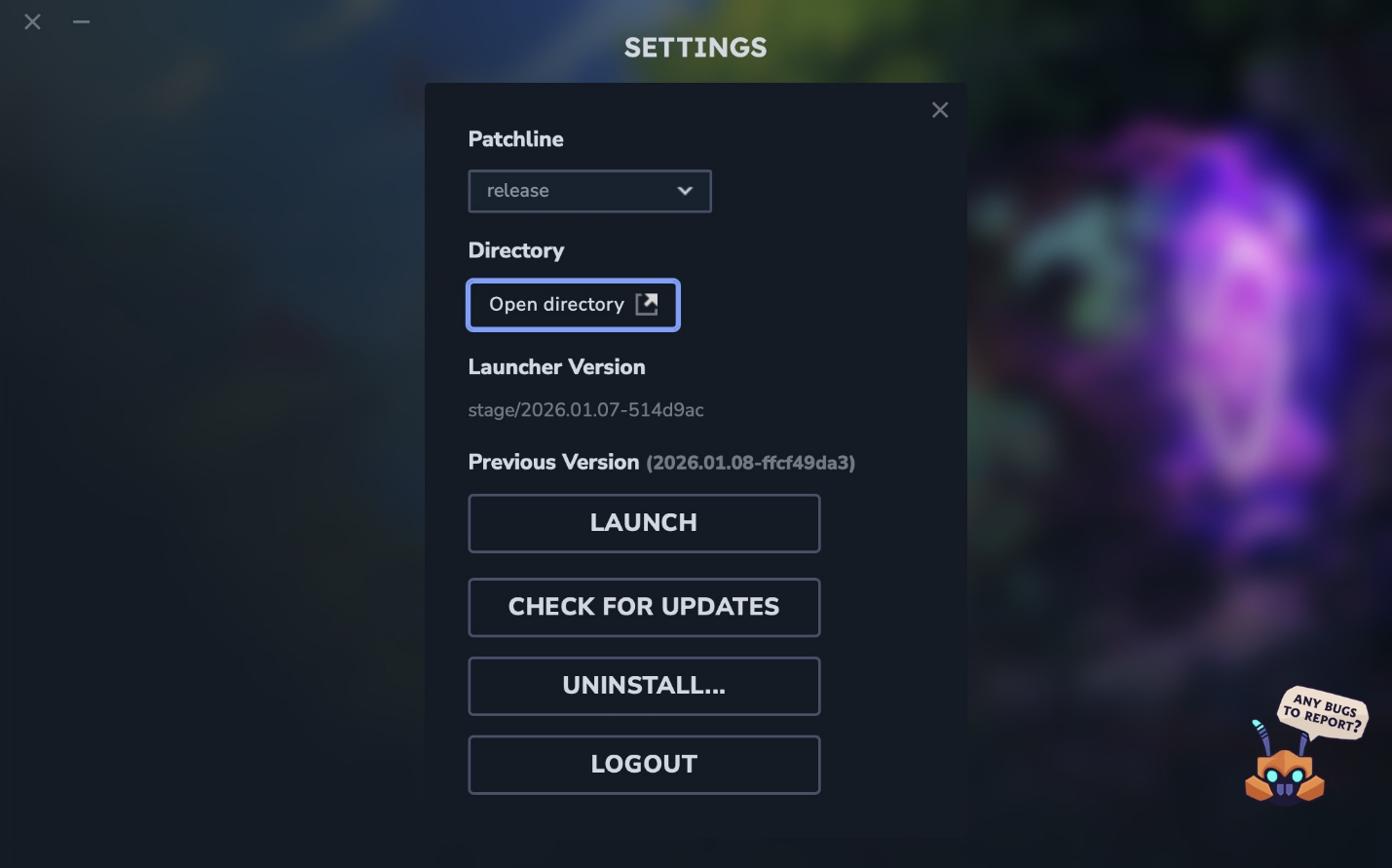 Hytale launcher settings showing the “Open directory” button in the Directory section.