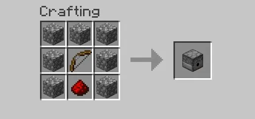 Dispenser crafting recipe in Minecraft with 7 cobblestone, 1 bow, and 1 redstone dust.