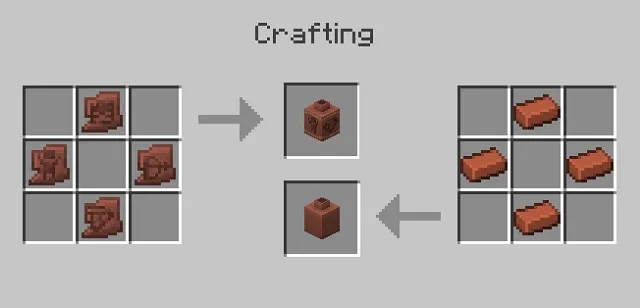 Decorated Pot crafting recipe in Minecraft using 4 pottery sherds or bricks in a diamond pattern.