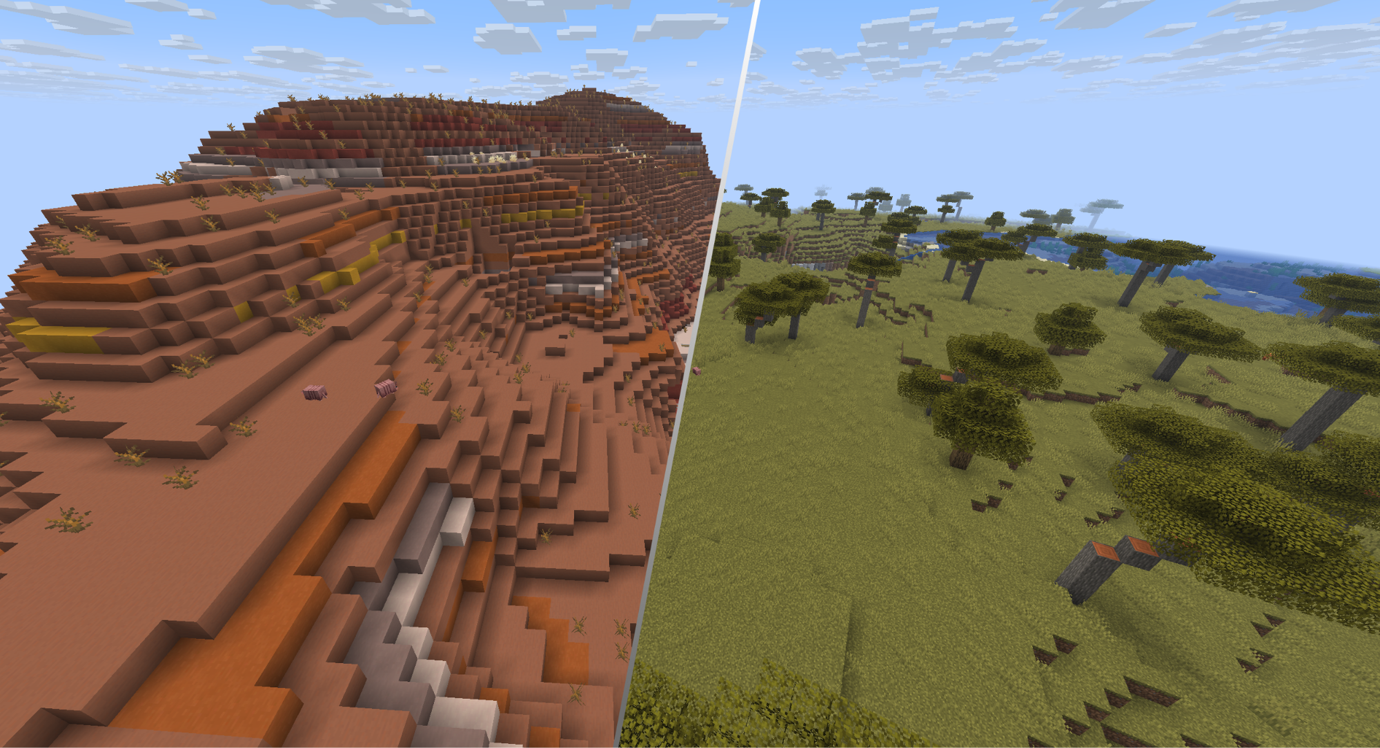A Minecraft screenshot collage of the Savannah and badlands biomes.