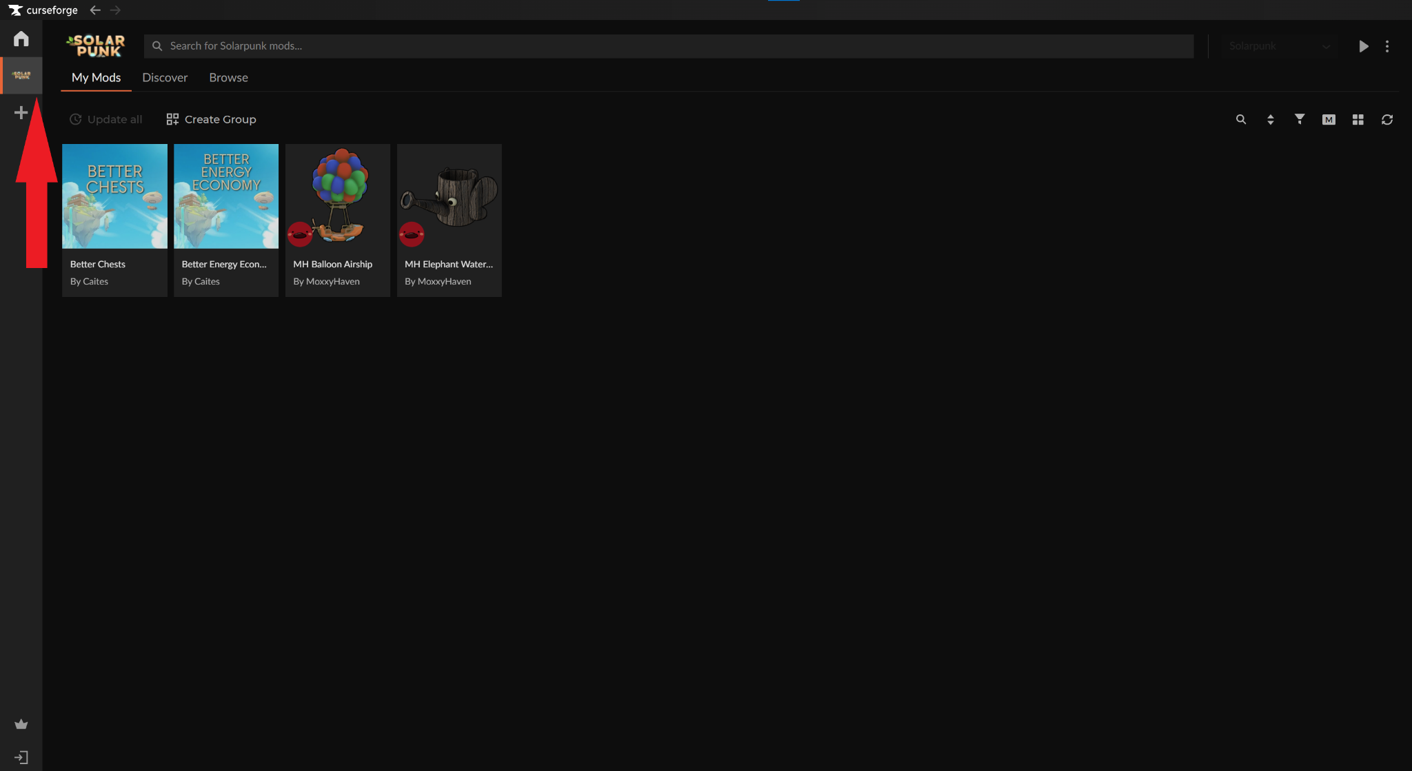 CurseForge app interface showing the Solarpunk game icon and installed mods list.