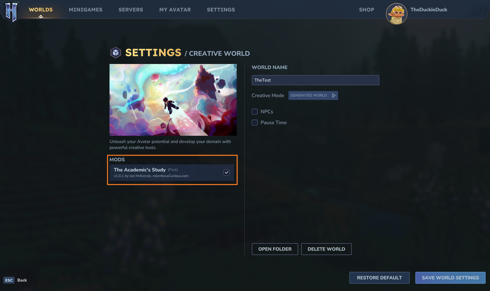 Hytale world settings with a mod enabled in the “Mods” section.
