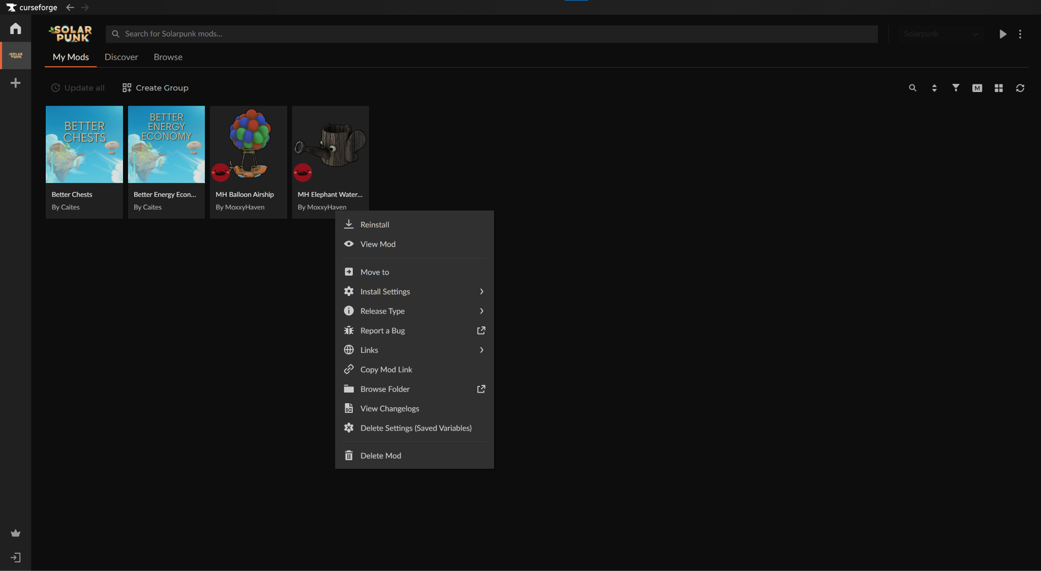 The "My Mods" tab in CurseForge showing a list of installed Solarpunk mods and an open right-click settings menu.
