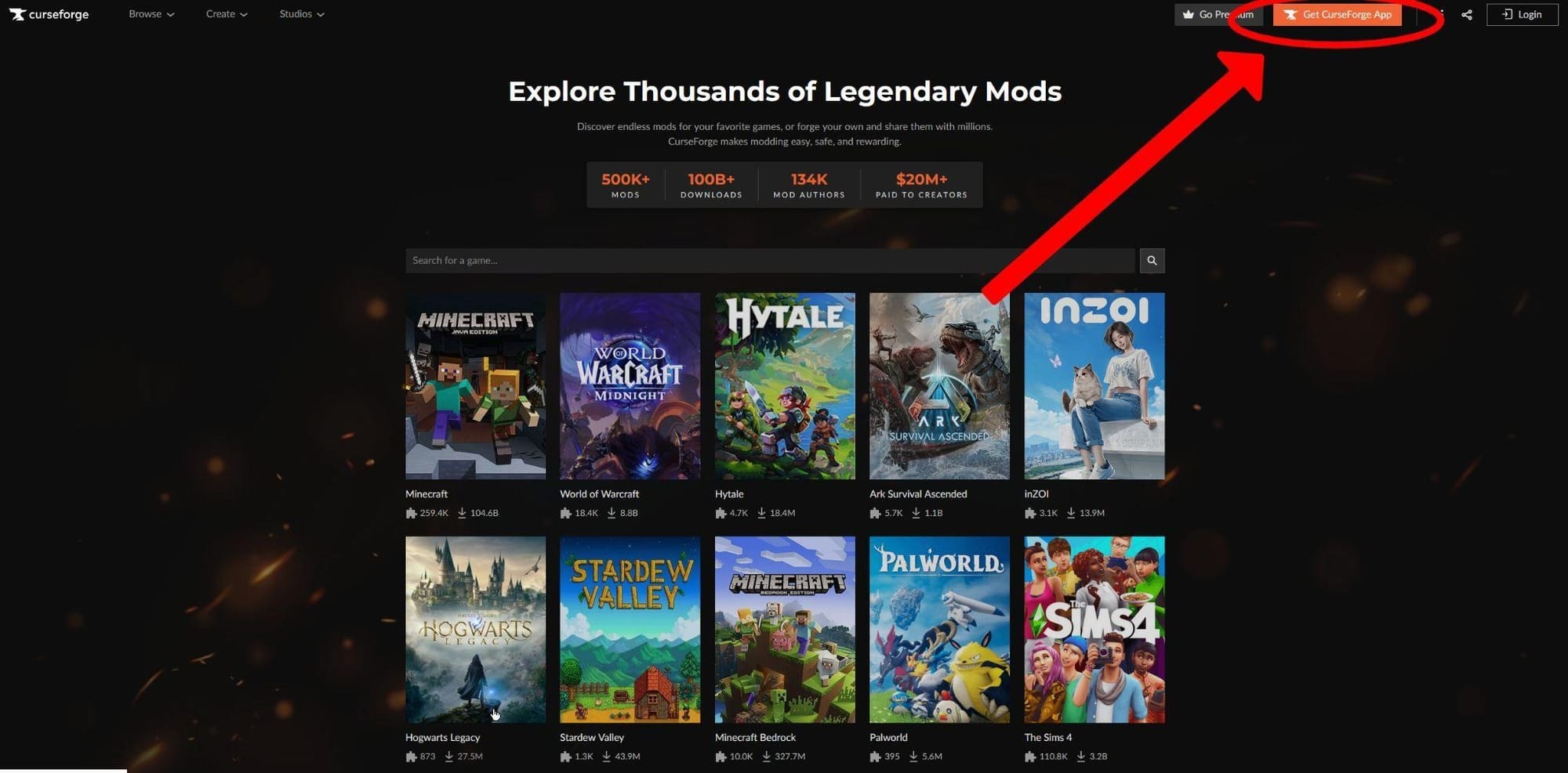 The Curseforge homepage, the App download option is circled with an arrow pointing at it.